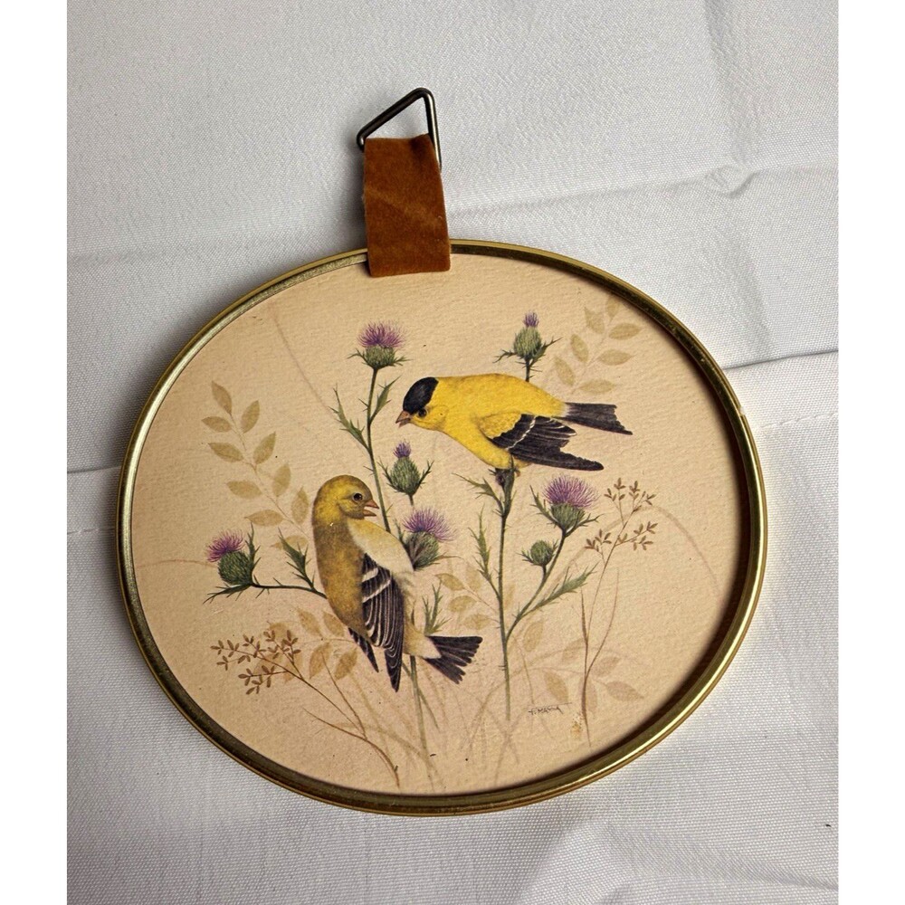 Round Hanging Wall Plaque Bird & Thistle Floral Art Signed F. Mason 4 in